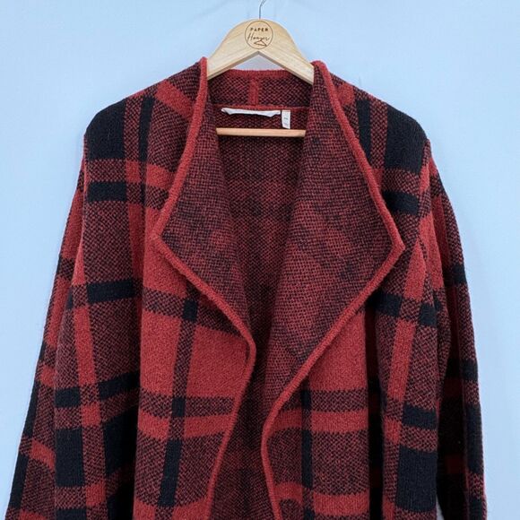 Soft Surroundings Cozy Cottage Long Open Cardigan Red Plaid, PXL, Wool Alpaca - Picture 3 of 8